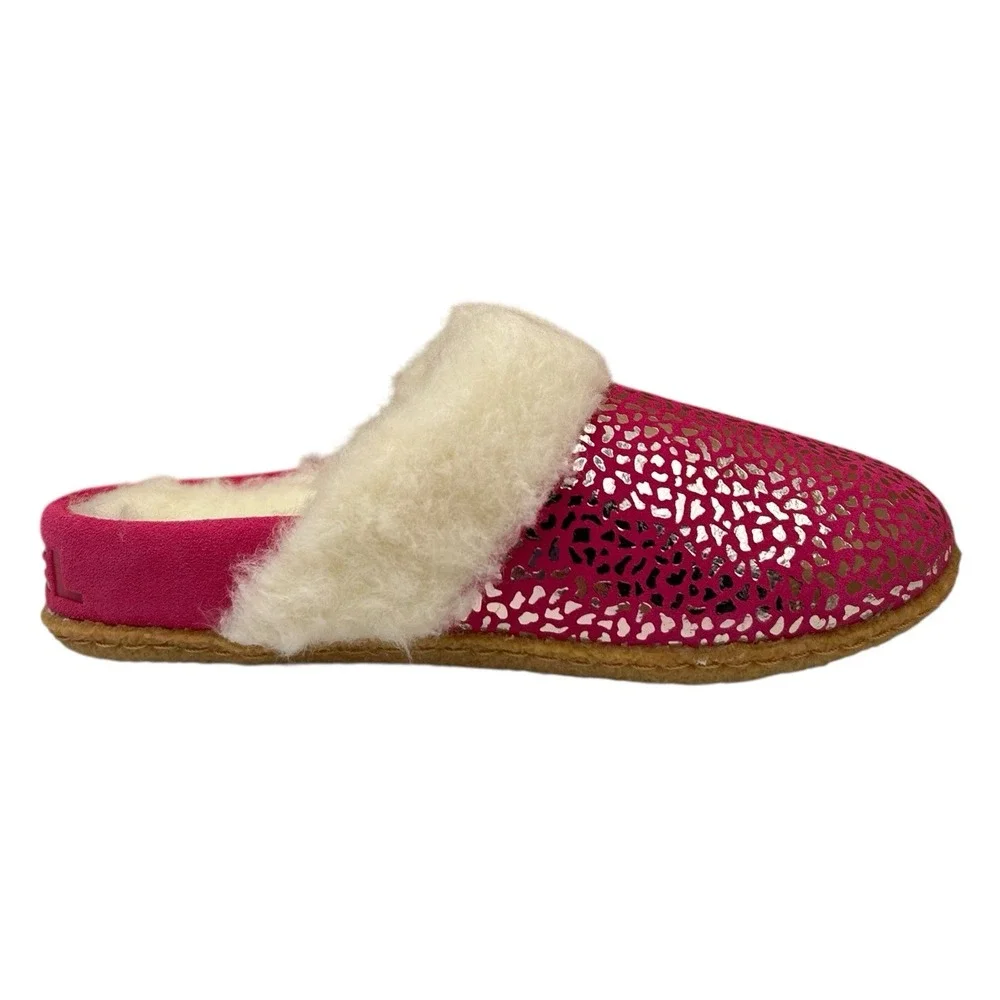 SOREL Nakiska Youth Girls Faux‎ Fur Slippers Size 6 Pink - Silver Animal Print